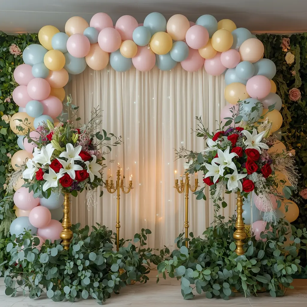 Elegant party decoration with balloons and floral arrangements
