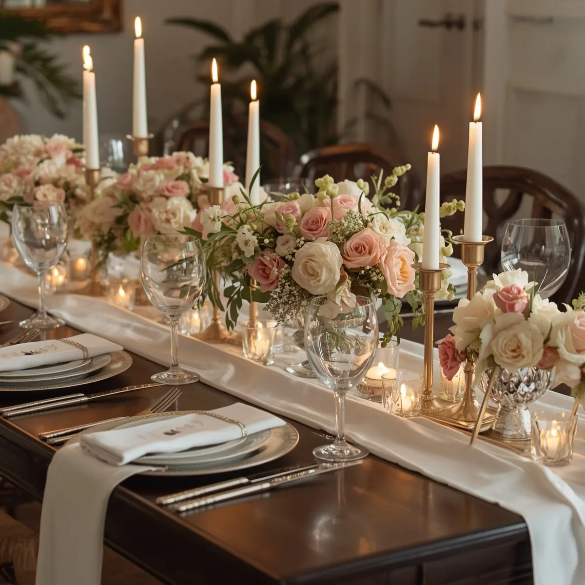 Elegant dinner party table with candles, floral centerpieces, and fine linens